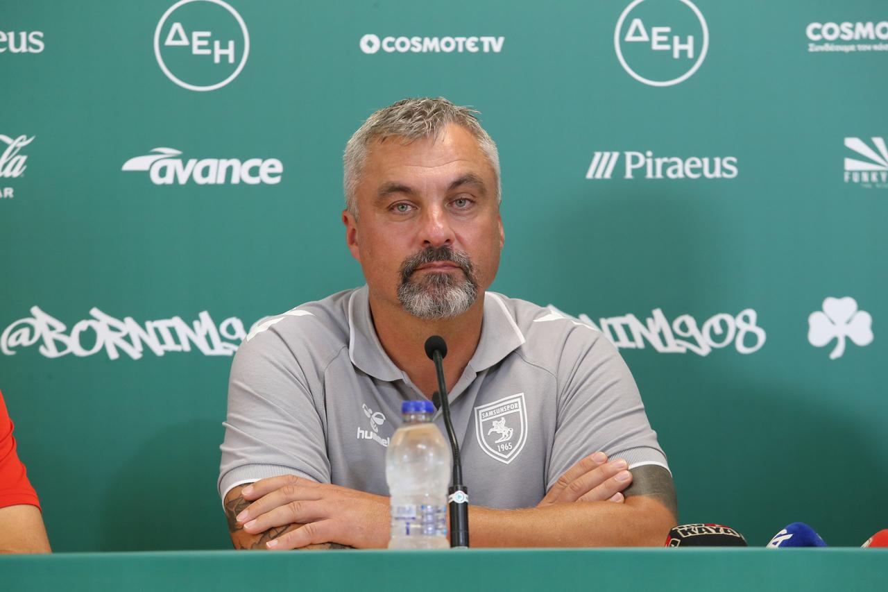 Thomas Reis, the head coach of Samsunspor, who will face Greece's Panathinaikos in the first leg of the UEFA Europa League play-off round, answers questions at the press conference held at the Olympic Stadium in Athens, Greece, August 20, 2025. (AA Photo)