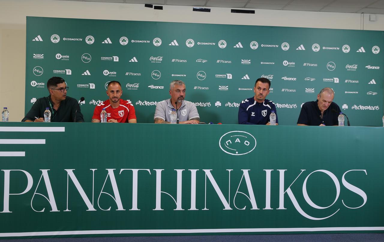 Thomas Reis (C), the head coach of Samsunspor, who will face Greece's Panathinaikos in the first leg of the UEFA Europa League play-off round, answers questions at the press conference held at the Olympic Stadium in Athens, Greece, August 20, 2025. (AA Photo)