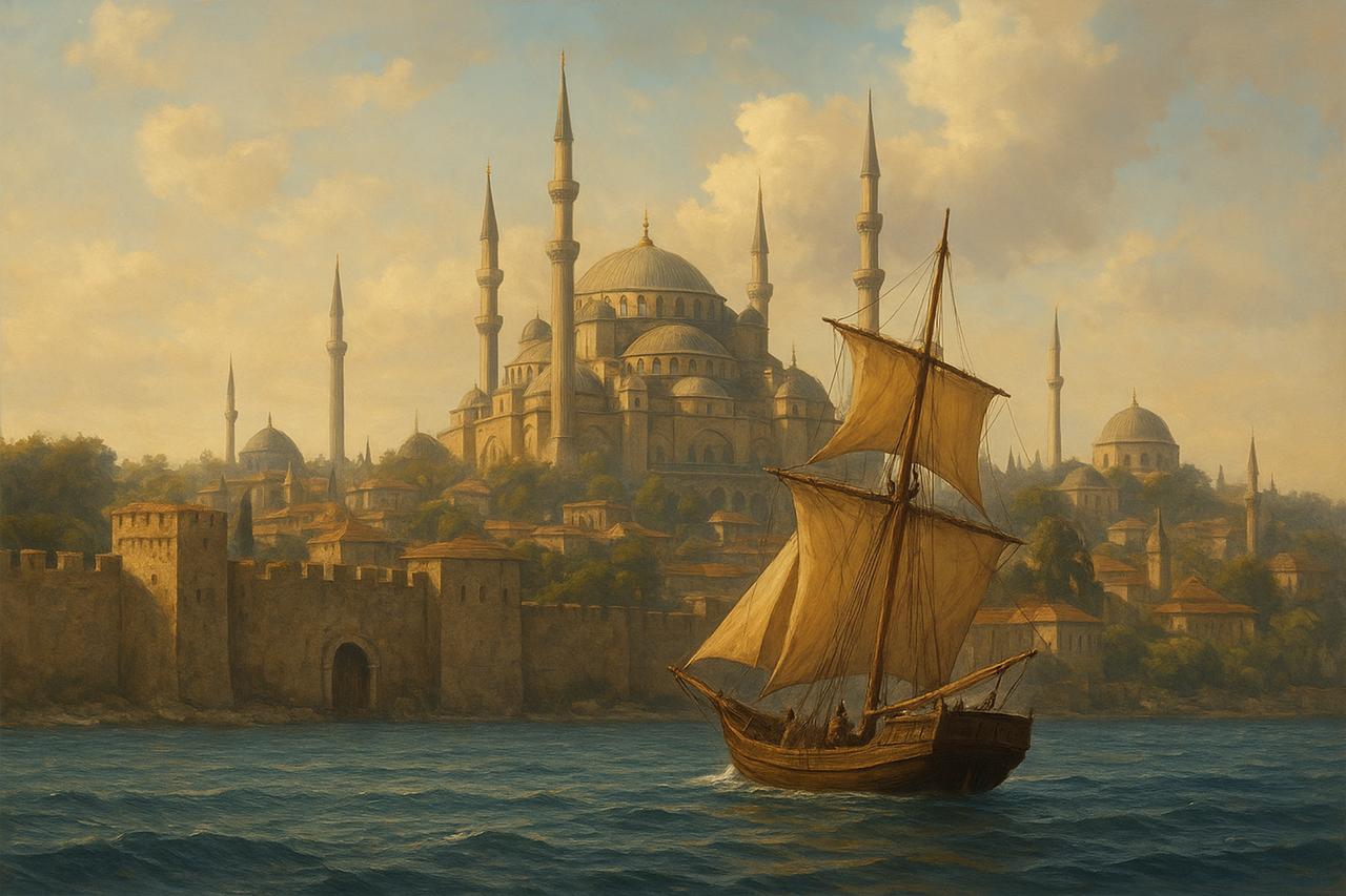 An imaginative depiction of Istanbul, based on the description provided by Ali ibn Muhammad al-Tamkroti in his book The Musky Note At The Turkish Embassy - (Photo generated by AI)