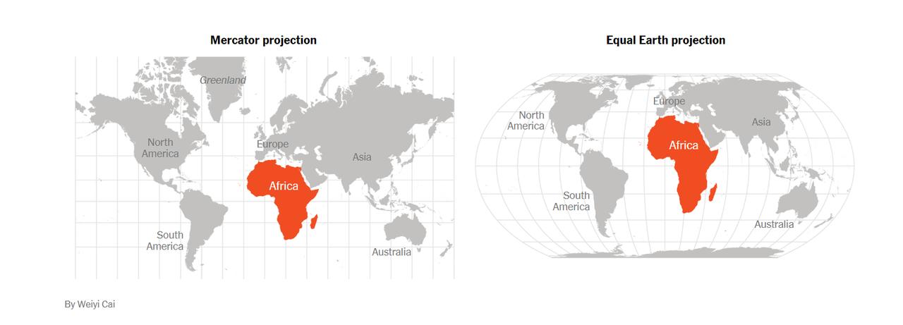 Maps comparing the Mercator projection and Equal Earth projection, showing Africa’s actual size. (Photo via NYT)