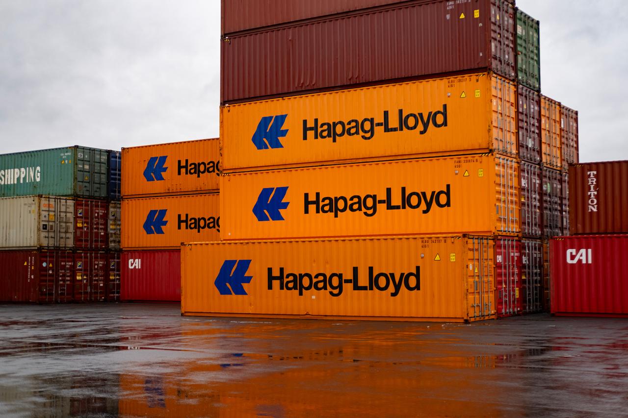Hapag-Lloyd shipping containers stacked in port at Frankfurt, Germany on January 21, 2024. (Adobe Stock Photo)