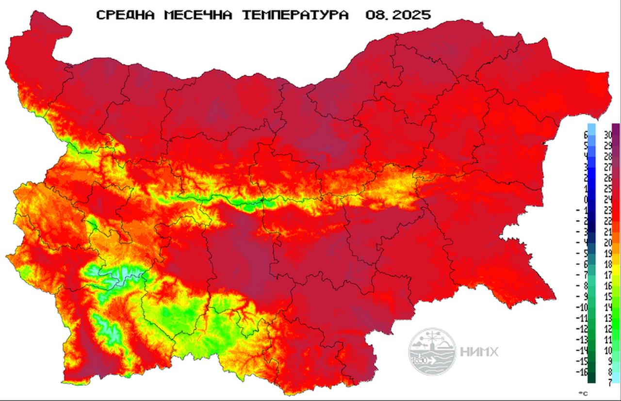 August temperatures across Bulgaria for the period from the start of the month to the current date. (National Institute of Meteorology and Hydrology of Bulgaria)
