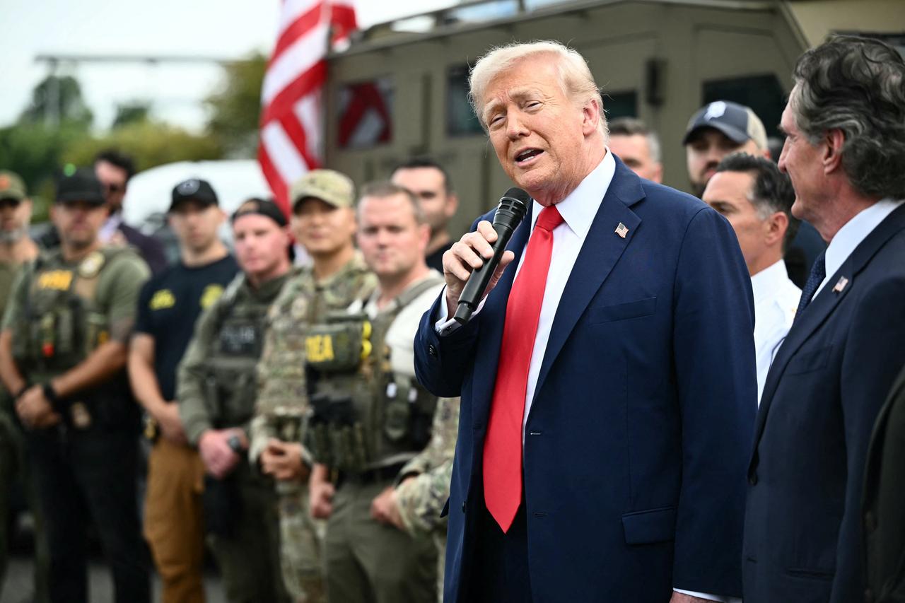 US President Donald Trump speaks while visiting federal troops at the US Park Police Anacostia operations facility in Washington, DC, on August 21, 2025. (AFP Photo)