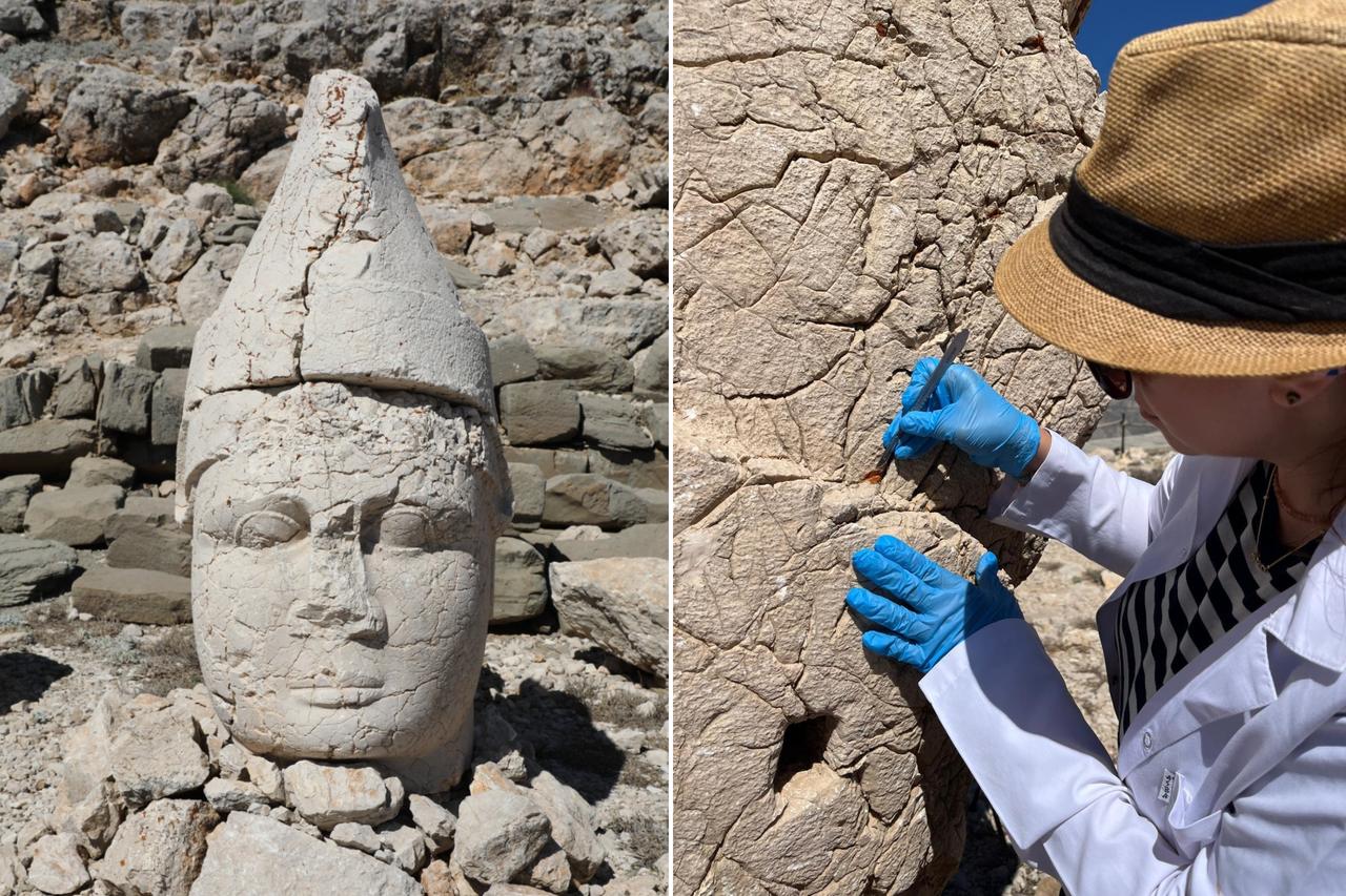 A conservator applies treatment to stone cracks in Adiyaman, Türkiye, August 21, 2025. (AA Photo)