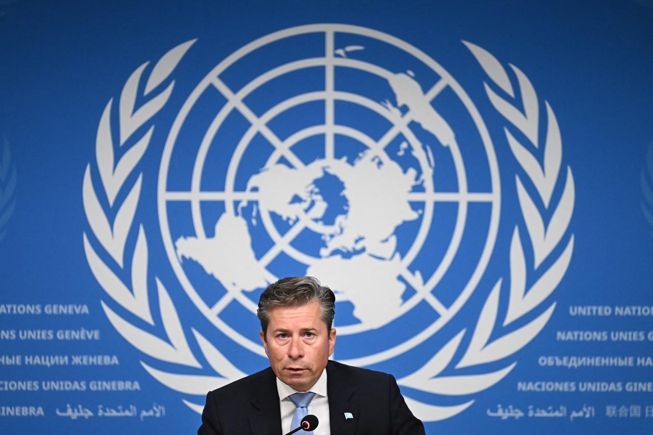 United Nations Under-Secretary-General for Humanitarian Affairs and Emergency Coordinator Tom Fletcher speaks on the famine in Gaza during a press conference in Geneva, on August 22, 2025. (AFP Photo)