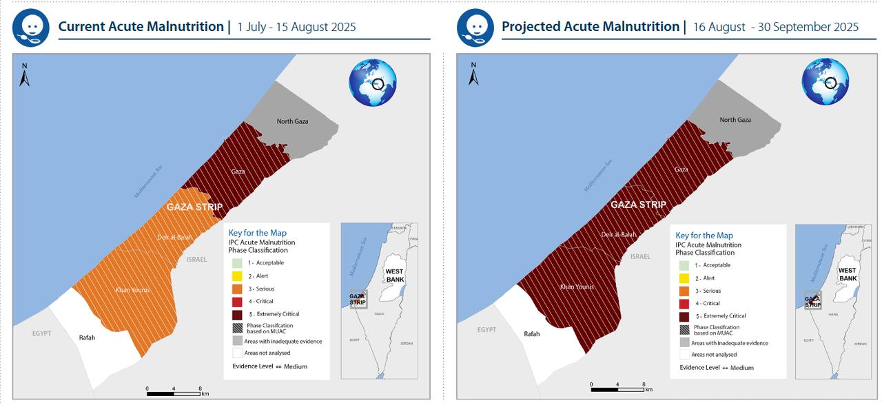 Current and projected acute malnutrition in Gaza Strip by IPC. (Photo via IPC)