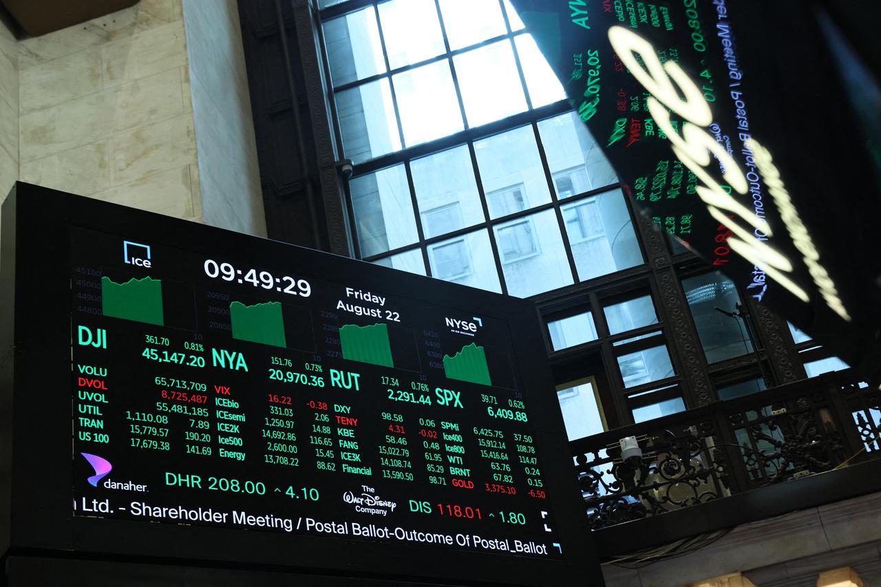 Stock market numbers are displayed at the New York Stock Exchange during morning trading on August 22, 2025 in New York City. (AFP Photo)