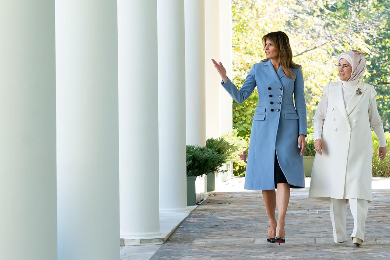 Melania Trump walks with Emine Erdogan, Nov. 13, 2019, along the Colonnade of the White House. (Official White House Photo(