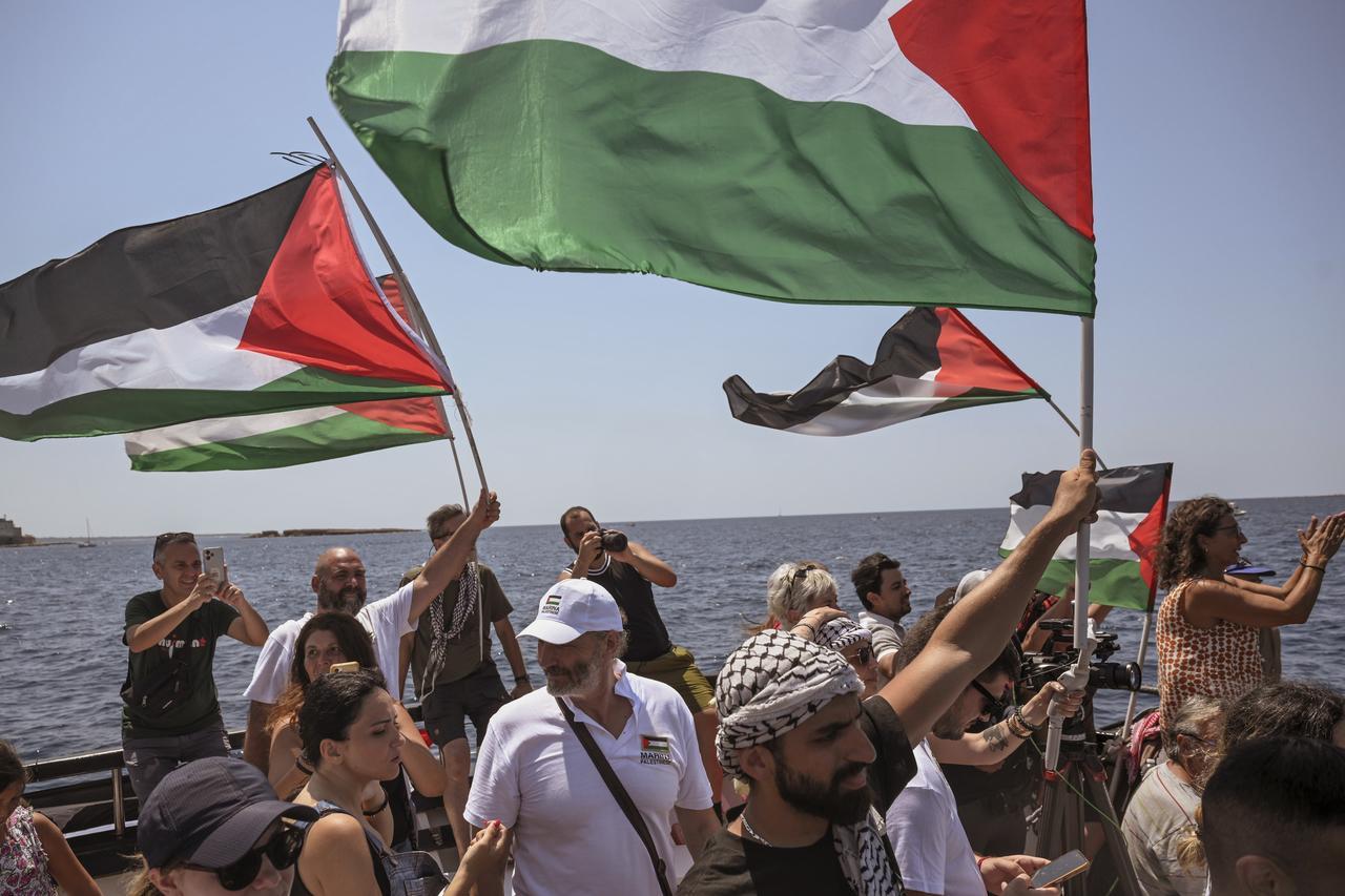The Handala vessel taking the sea after a press point, the vessel "Handala" of Freedom Flotilla Coalition departed from Gallipoli Port, in Italy on 20 July 2025. (AA Photo)