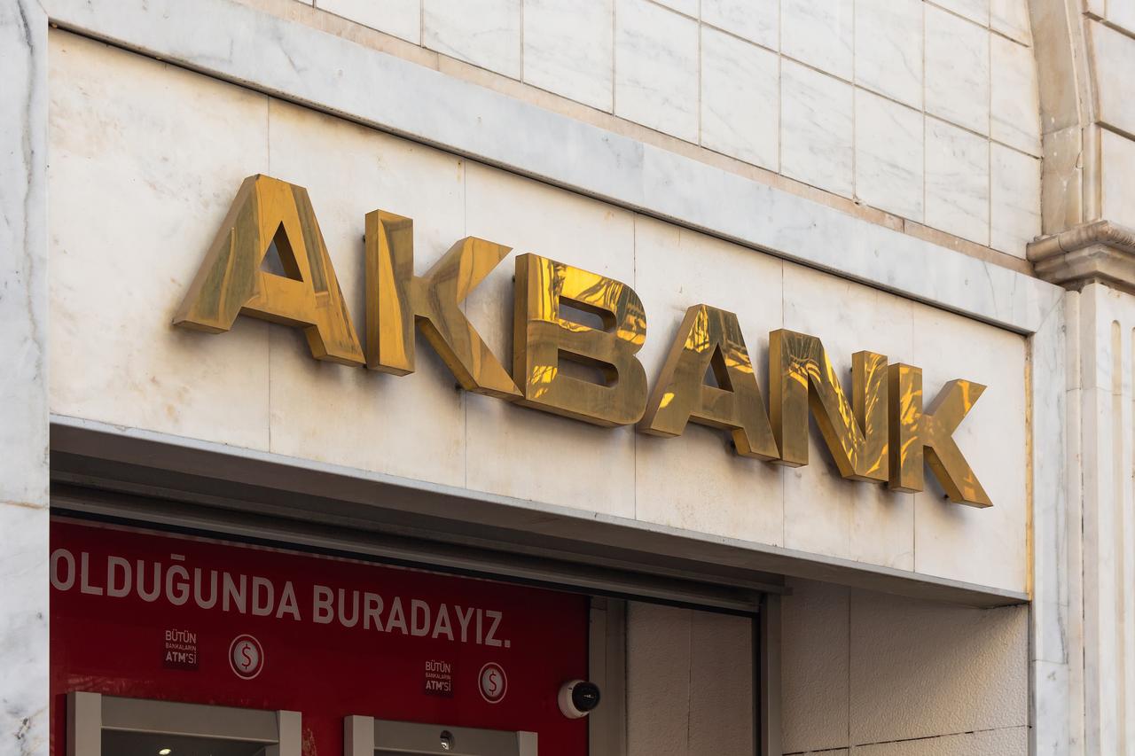 Akbank logo displayed on the exterior of a branch in central Istanbul.(Adobe Stock Photo)