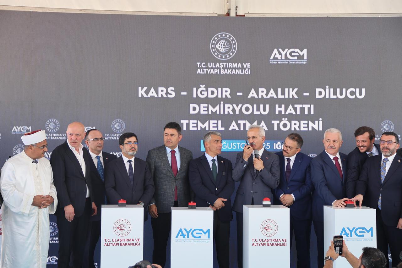 Officials, including Minister of Transport and Infrastructure Abdulkadir Uraloğlu, attend the groundbreaking ceremony for the Kars–Igdir–Aralik–Dilucu Railway Line in Iğdir, Türkiye. (AA Photo)