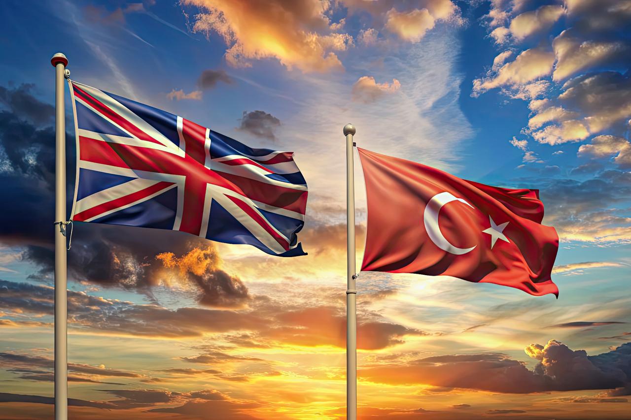 National flags of the United Kingdom and Türkiye flying side by side against a sunset sky (Adobe Stock Photo)