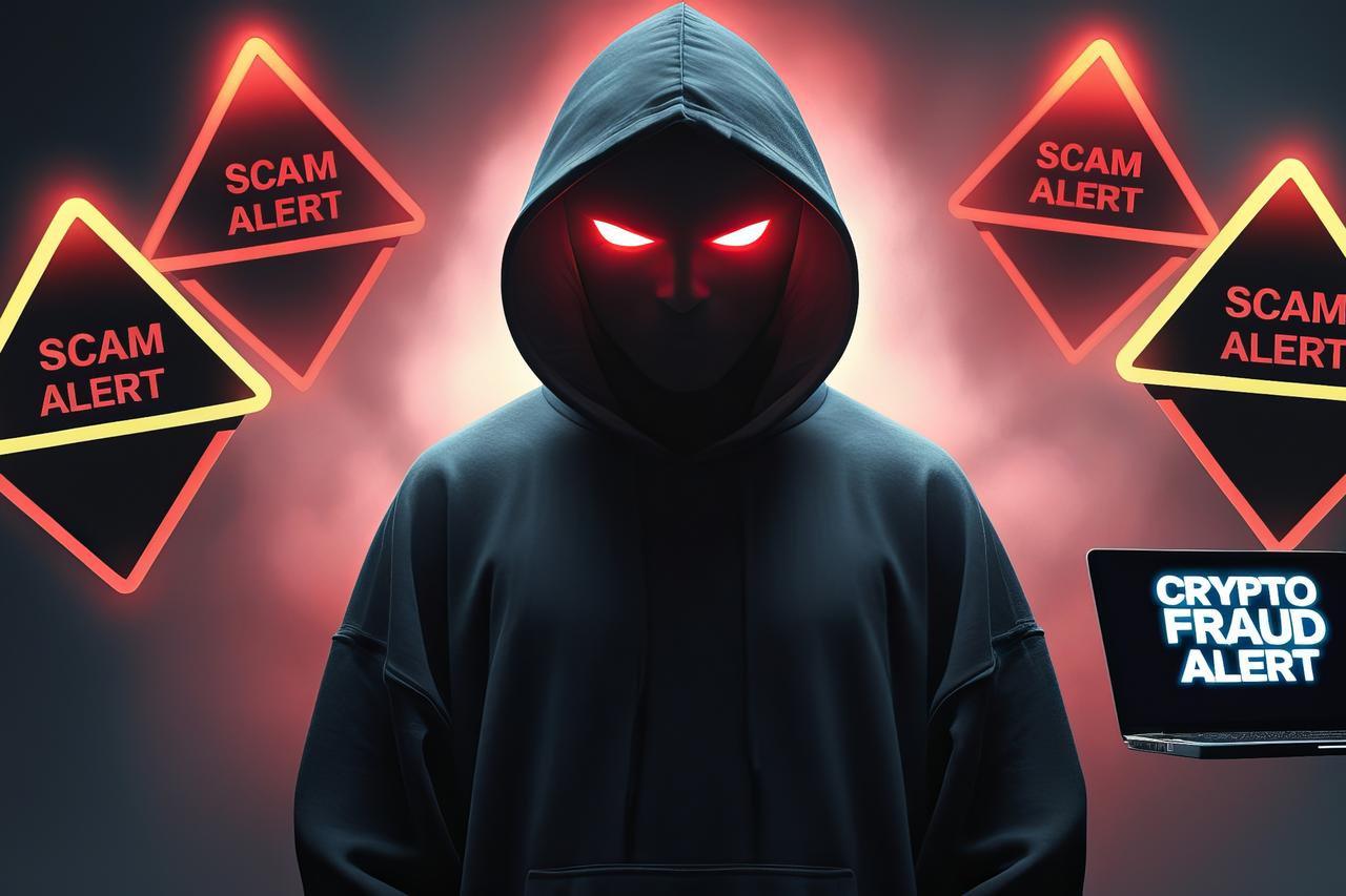 Illustration of a hooded figure symbolizing cybercrime, with warnings of “Scam Alert” and “Crypto Fraud Alert (Adobe Stock Photo)