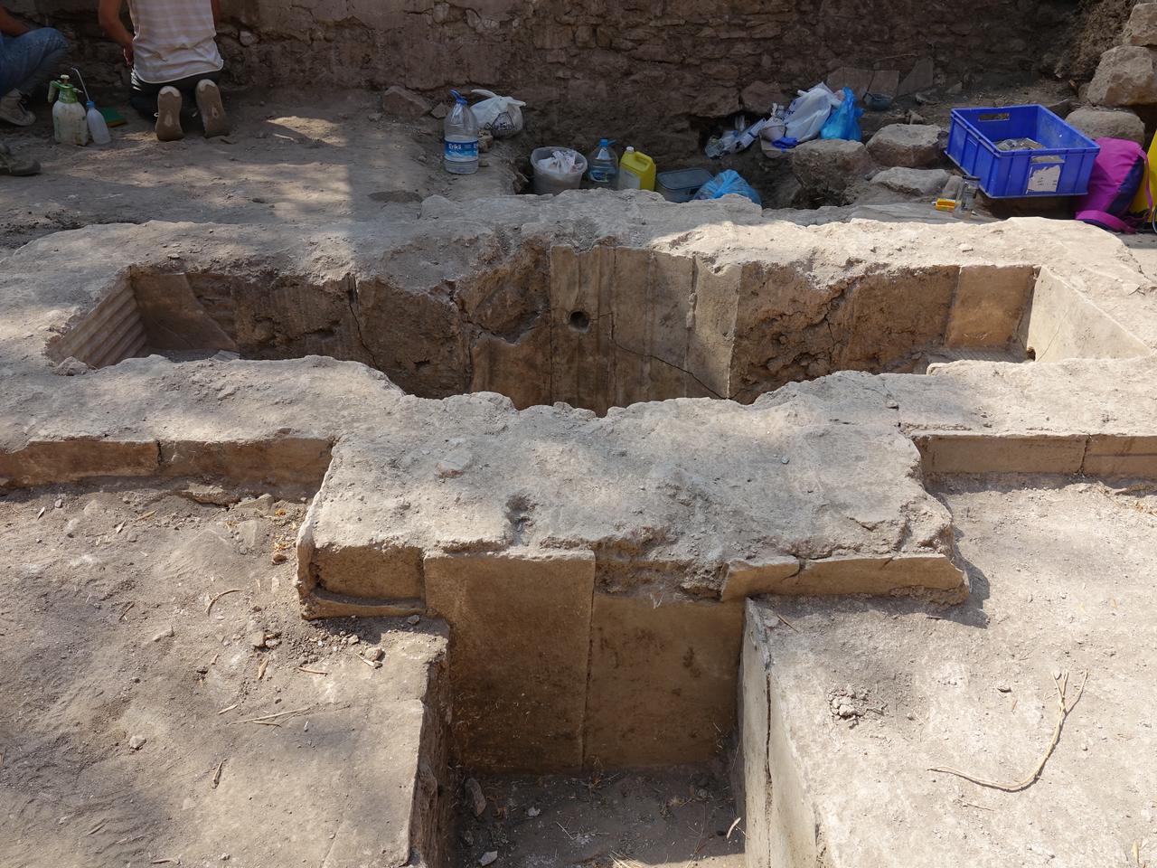 A baptismal pool set at the center of the room—installed when the structure, first built as part of a Roman villa, was later converted into a baptistery—is seen during ongoing excavations at the ancient city of Antandros in Edremit, Balikesir, Türkiye, Aug. 24, 2025. (AA Photo)