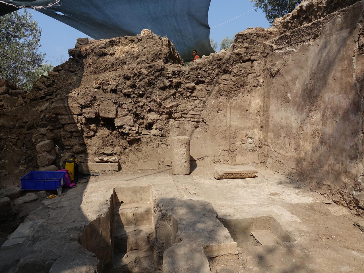 A baptismal pool set at the center of the room—installed when the structure, first built as part of a Roman villa, was later converted into a baptistery—is seen during ongoing excavations at the ancient city of Antandros in Edremit, Balikesir, Türkiye, Aug. 24, 2025. (AA Photo)