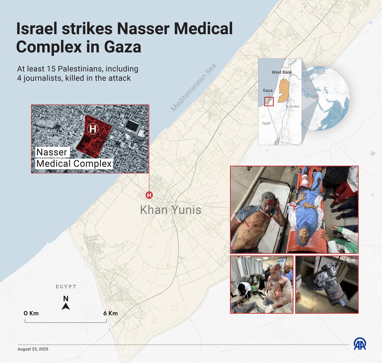 An infographic titled "Israel strikes Nasser Medical Complex in Gaza" created in Istanbul, Türkiye, August 25, 2025. (AA Infographic)