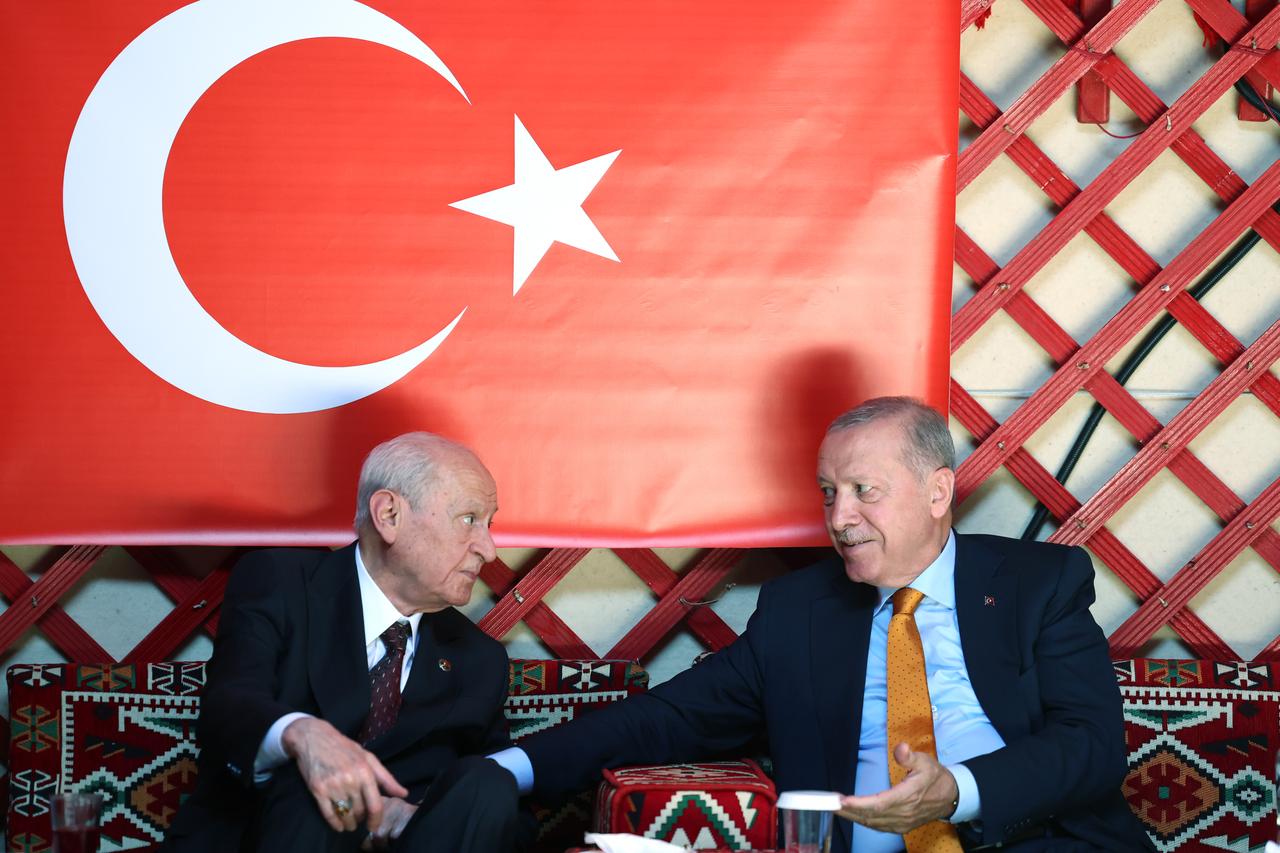 President Erdogan (R) and Nationalist Movement Party (MHP) leader Bahceli (L) at the Ahlat Recreation Area in Bitlis, Türkiye on August 25, 2025. (Photo via Turkish Presidency/Murat Kula)