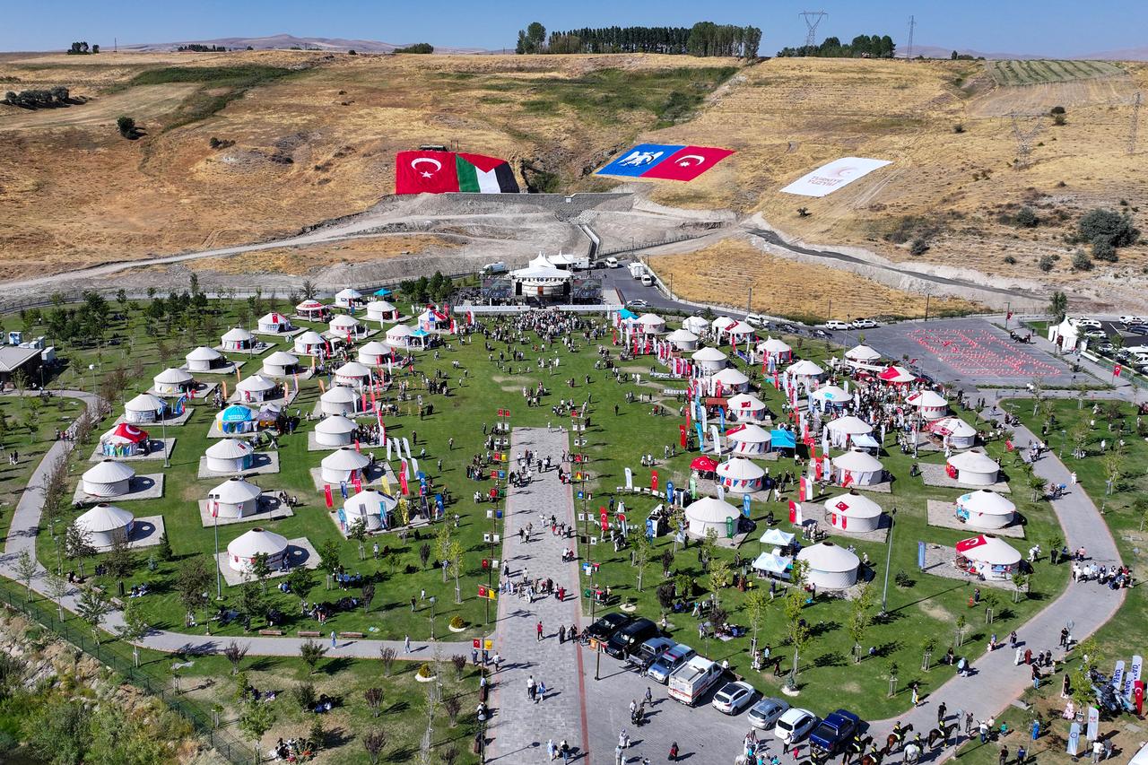 An aerial view from Carho region, in the Ahlat Recep Tayyip Erdogan Millet Garden, where Sultan Alparslan's tent also set up, as part of the 954th Manzikert (Malazgirt) Victory celebration in Ahlat district of Bitlis, Türkiye, Aug. 23, 2025. (AA Photo)