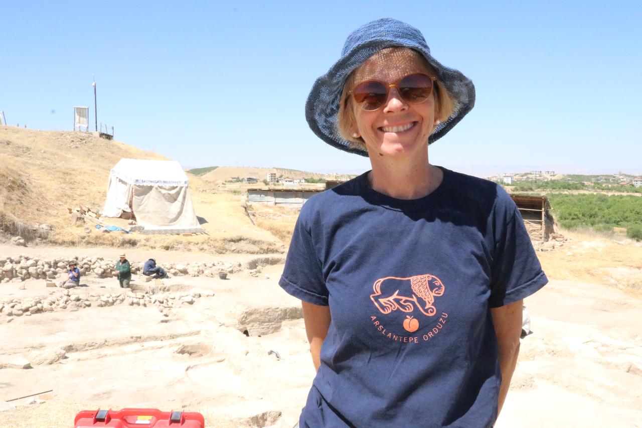 Professor Francesca Balossi Restelli, head of the Arslantepe Mound excavation team, speaks to Anadolu Agency about the work, Malatya, Türkiye, Aug. 25, 2025. (AA Photo)