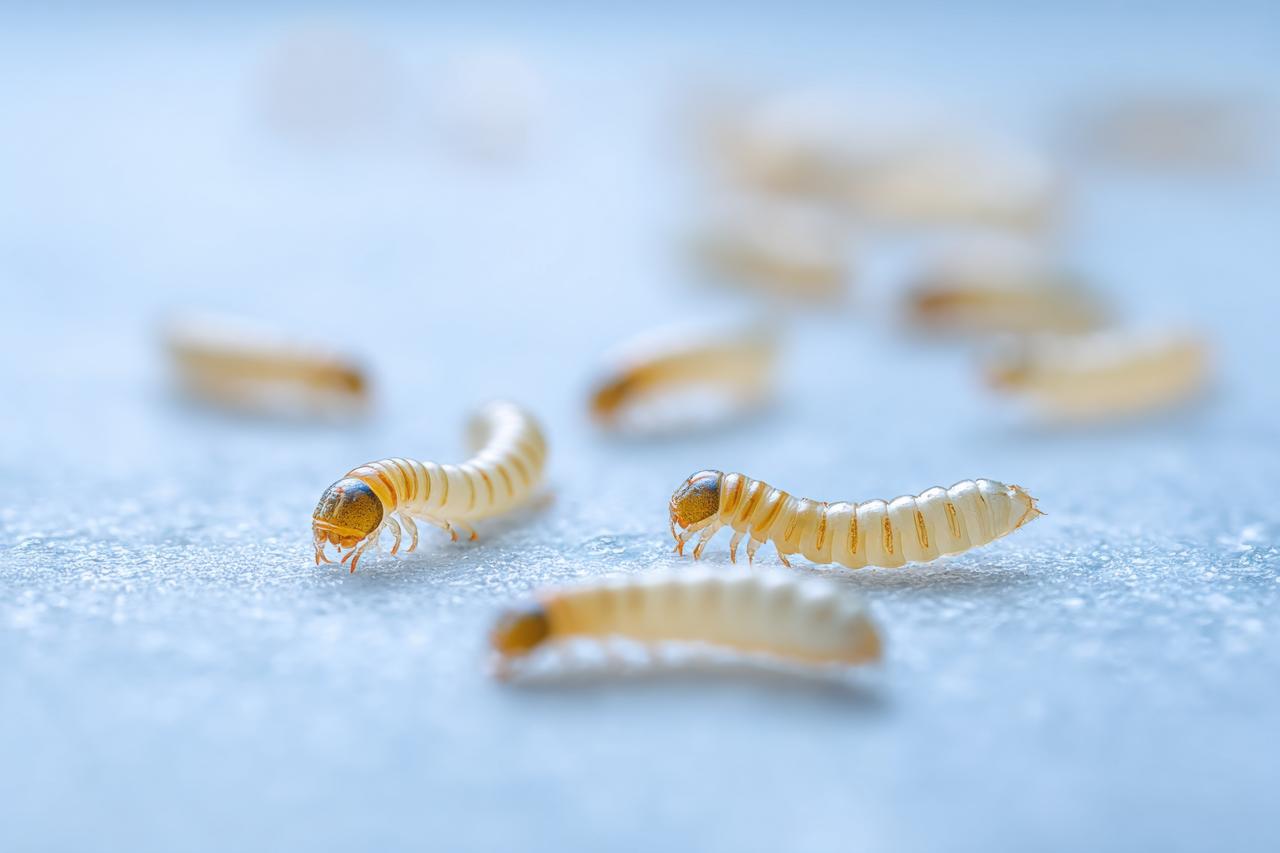 New World screwworm fly larvae are seen moving on a smooth surface. (Adobe Stock Photo)