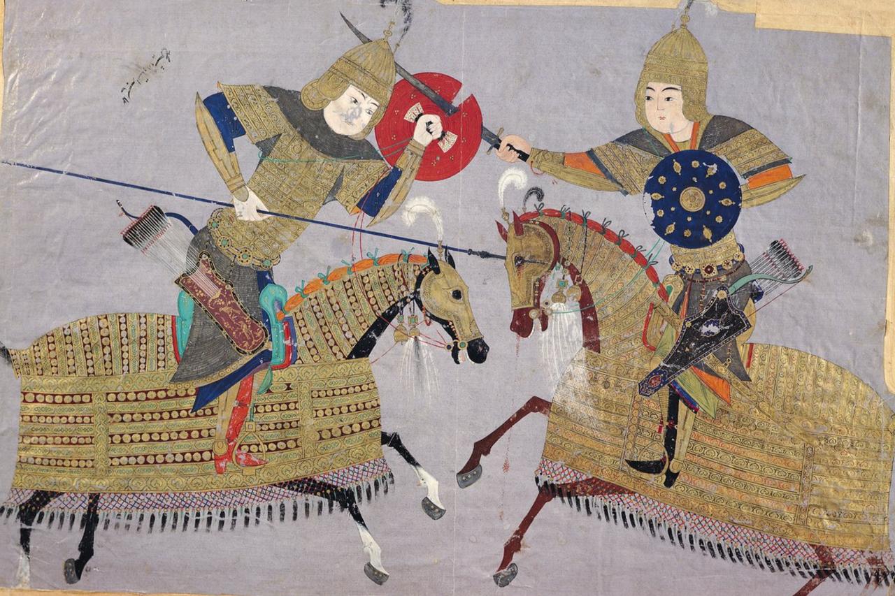 Illustration of two armored warriors clashing on horseback, School of Tabriz, circa 1480. (Image via meisterdrucke.uk)