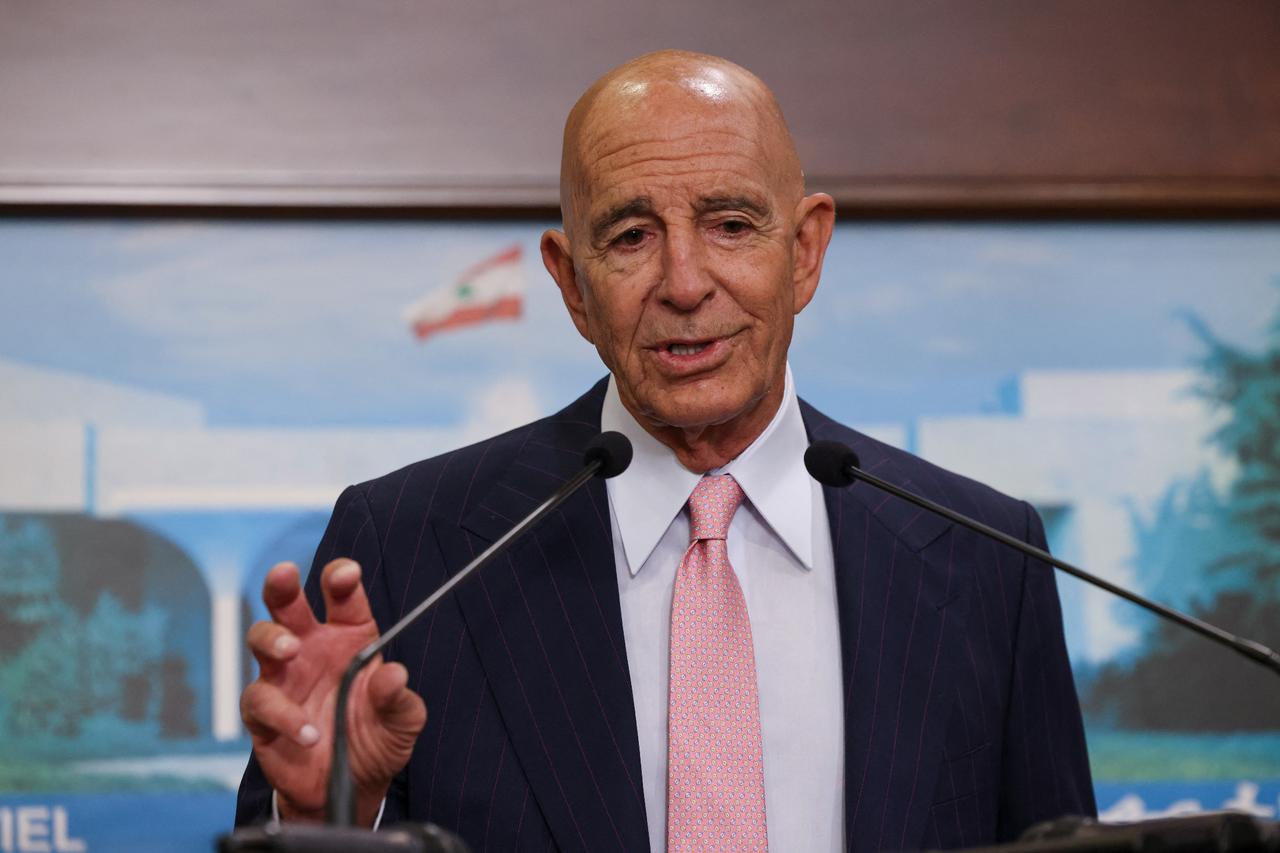 US ambassador to Türkiye and special envoy for Syria Tom Barrack speaks during a joint press conference following his meeting with Lebanons president at the Presidential Palace in Baabda on August 18, 2025. (AFP Photo)