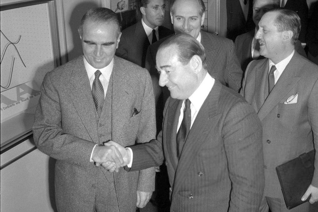 Cyprus conference between Greece and Türkiye in Zurich (from left to right): Greek Prime Minister Konstantinos Karamanlis and Turkish Prime Minister Adnan Menderes, Feb. 10, 1959. (Photo via Wikimedia)