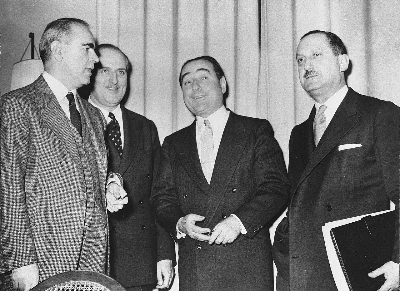 Cyprus conference between Greece and Türkiye in Zurich (from left to right): Greek Prime Minister Konstantinos Karamanlis, Turkish Foreign Minister Fatin Rustu Zorlu, Turkish Prime Minister Adnan Menderes and Greek Foreign Minister Evangelos Averoff, Feb. 10, 1959. (Photo via Wikimedia)