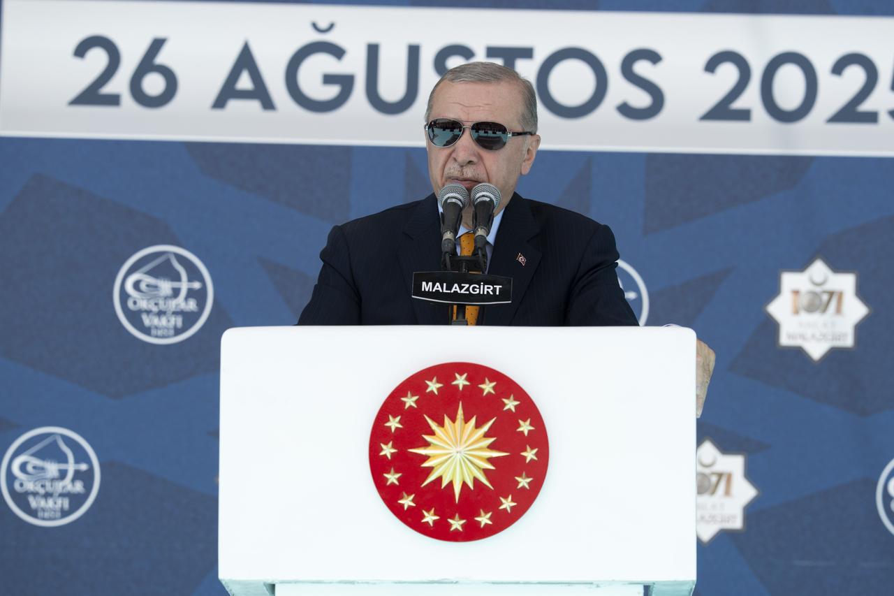 President Recep Tayyip Erdogan delivers a speech during 954th Anniversary Commemoration of the Victory of Manzikert at the Malazgirt National Park in Mus, Türkiye, on August 26, 2025. (AA Photo)