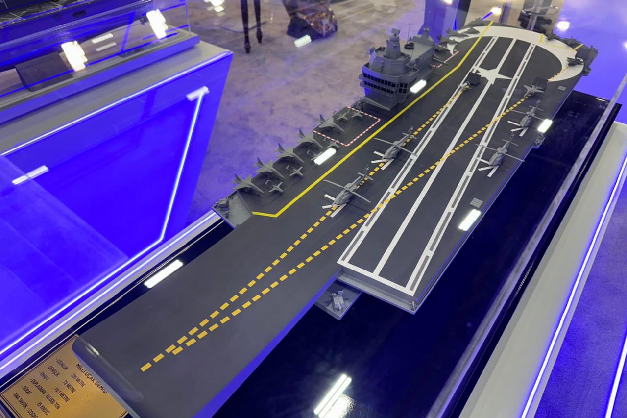 A mock-up of National Aircraft Carrier, also known as MUGEM during a defense fair on 2024. (Photo via X)