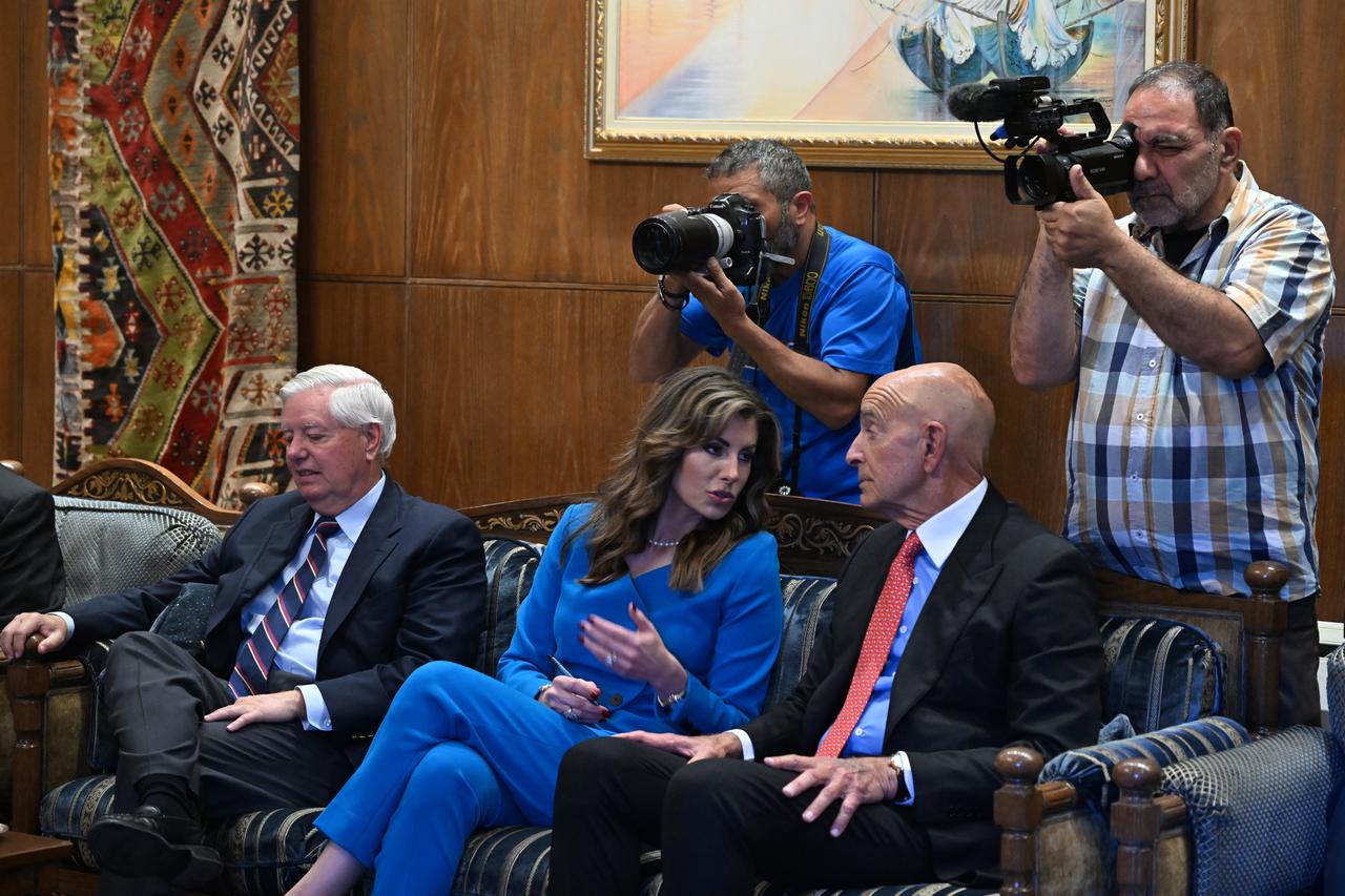 US ambassador to Türkiye and Special Envoy for Syria Tom Barrack (R) and Deputy Special Envoy to the Middle East Morgan Ortagus (2nd L) meet with Speaker of the Lebanese Parliament Nabih Berri (not seen) in Beirut, Lebanon on August 26, 2025. (AA Photo)