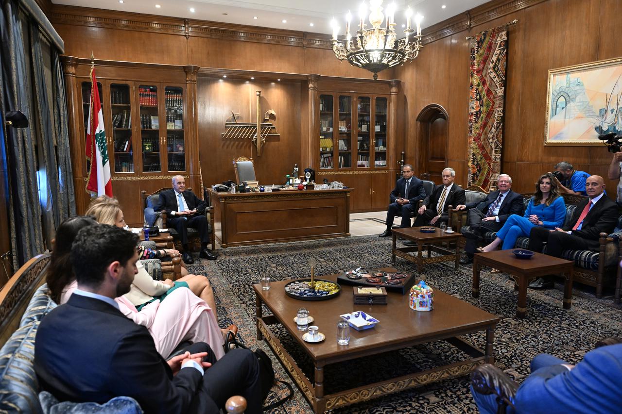 U.S. ambassador to Türkiye and Special Envoy for Syria Tom Barrack (R) and Deputy Special Envoy to the Middle East Morgan Ortagus (2nd R) meet with Speaker of the Lebanese Parliament Nabih Berri (L) in Beirut, Lebanon on August 26, 2025. (AA Photo)