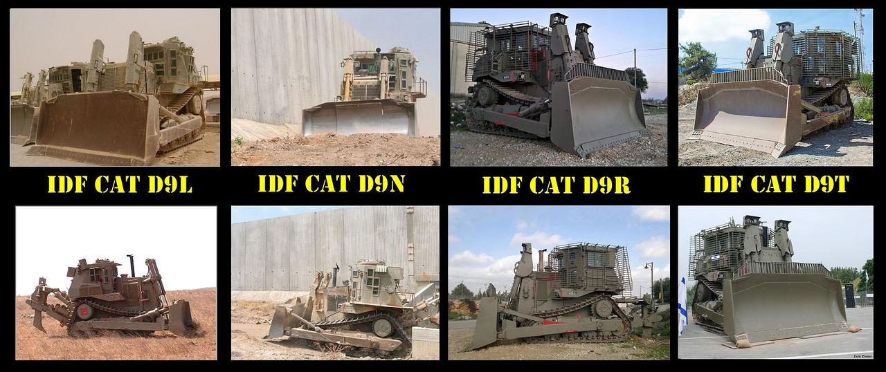 Various models of Caterpillar D9 armored bulldozers used by the Israeli military, including D9L, D9N, D9R, and D9T. (Photo via Wikimedia Commons)