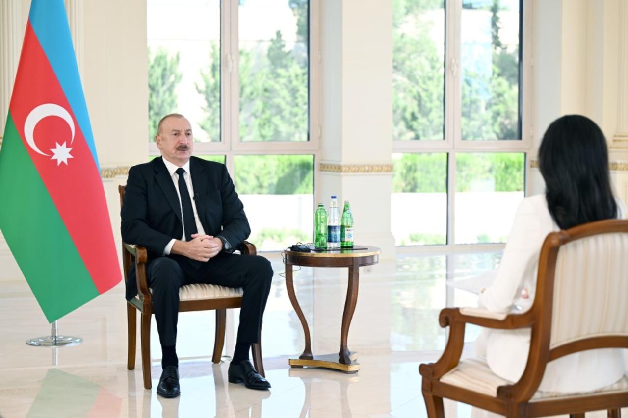 Azerbaijani President Ilham Aliyev speaking during an interview with Al Arabiya television in Baku, 27 August, 2025. (IHA Photo)
