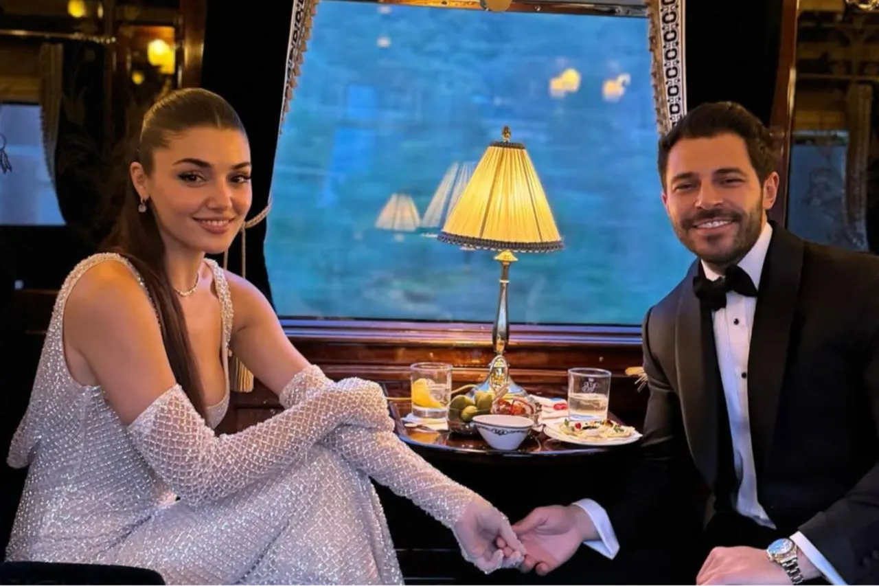 Hande Ercel and Hakan Sabanci pose during a ride on the Orient Express, May 2, 2025. (Photo via Instagram/@hakansabanci)