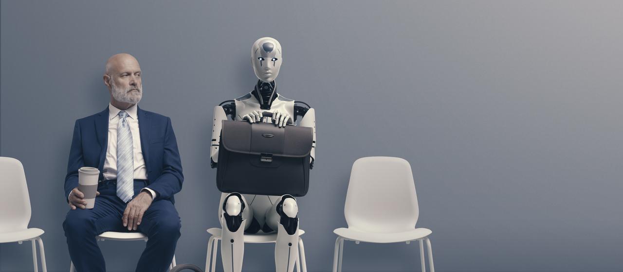 A human applicant and an AI robot waiting outside for an interview. (Adobe Stock Photo)