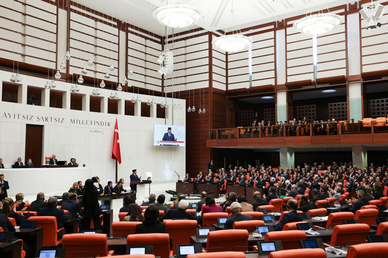 Indonesian President Prabowo Subianto addresses at the General Assembly of Turkish Grand National Assembly, on the 75th anniversary of Türkiye-Indonesia diplomatic relations in Ankara, Türkiye on April 10, 2025. (Turkish Grand National Assembly / AA Photo)