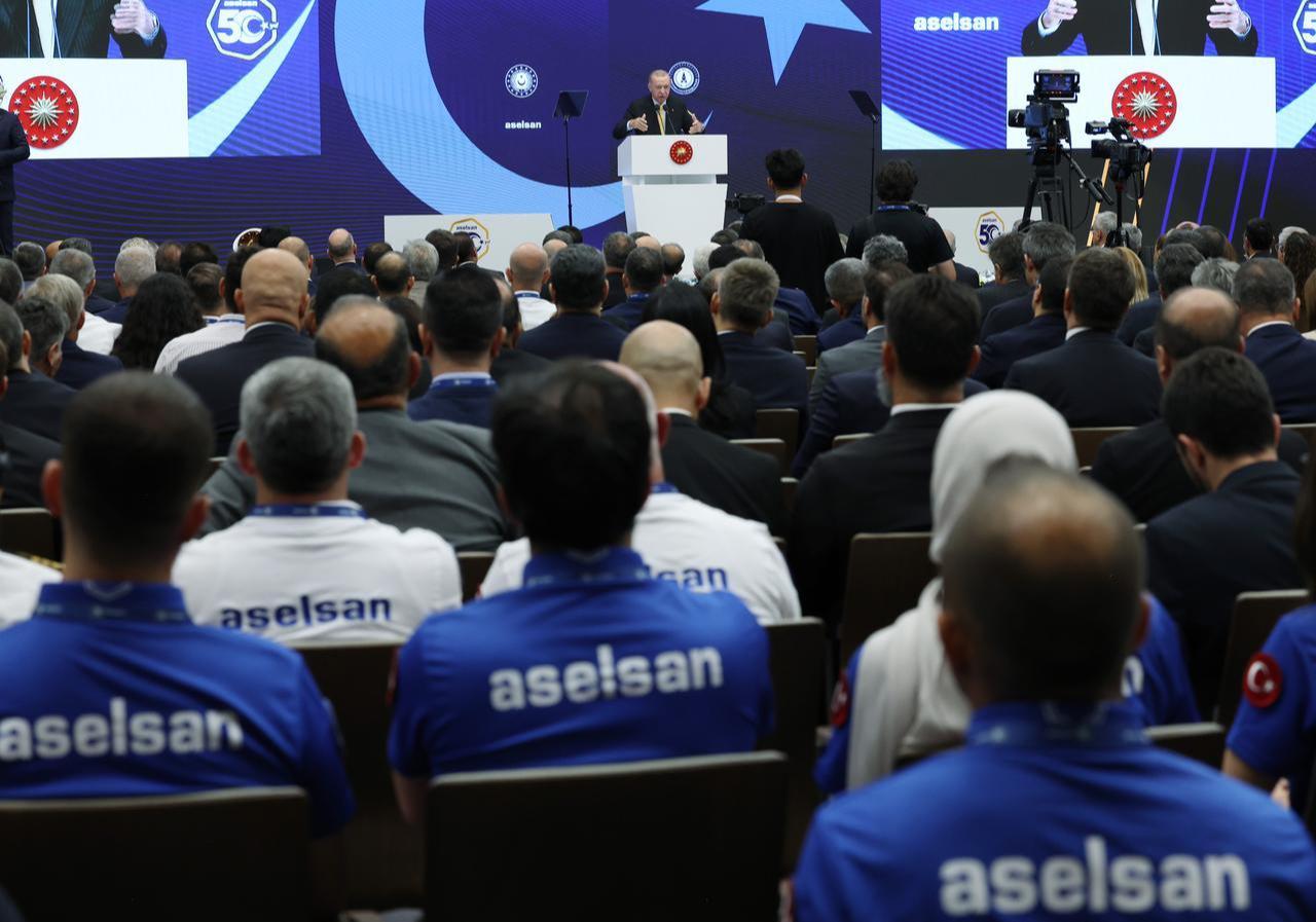 Turkish President Recep Tayyip Erdogan speaks during the Steel Dome Deliveries, Facility Openings, and Ogulbey Groundbreaking Ceremony held at the ASELSAN Golbasi Campus in Ankara, Türkiye on August 27, 2025. (Turkish Presidency / AA Photo)