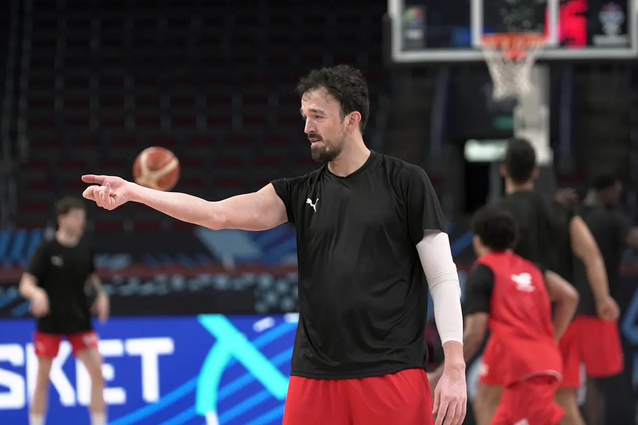 Sertac Sanli of Turkiye attends training session ahead of EuroBasket 2025 Group A basketball match between Latvia and Turkiye at Arena Riga in Riga, Latvia on August 26, 2025.