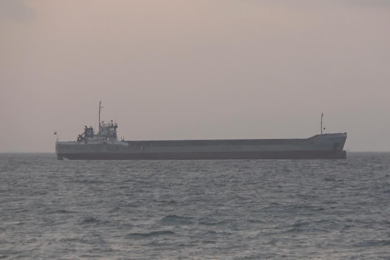The cargo ship Arel 7, suspected of striking the shattered yacht of a missing businessman off the coast of Marmara Island in Balikesir, Türkiye, Aug. 7, 2025. (IHA Photo)