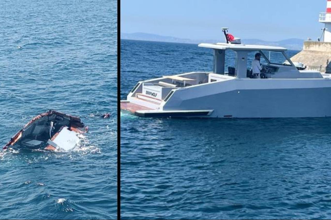 A collage showing businessman Halit Yukay departing in his private yacht Graywolf (R) and fragments of the wrecked vessel (L). (Photo via T24)