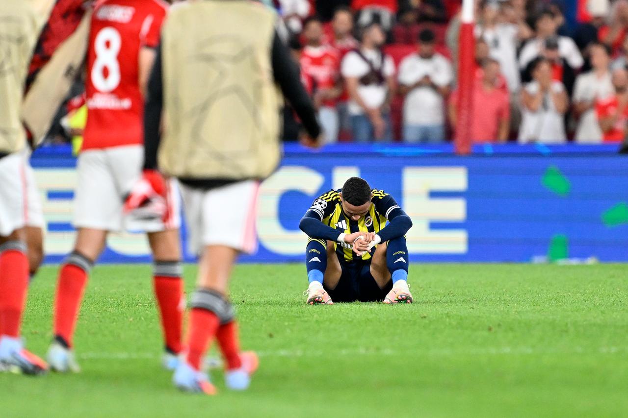 Fenerbahce player shows his disappointment after the final whistle during the UEFA Champions League play-off second leg match between Benfica and Fenerbahce at Estadio da Luz in Lisbon, Portugal on August 27, 2025. (AA Photo)