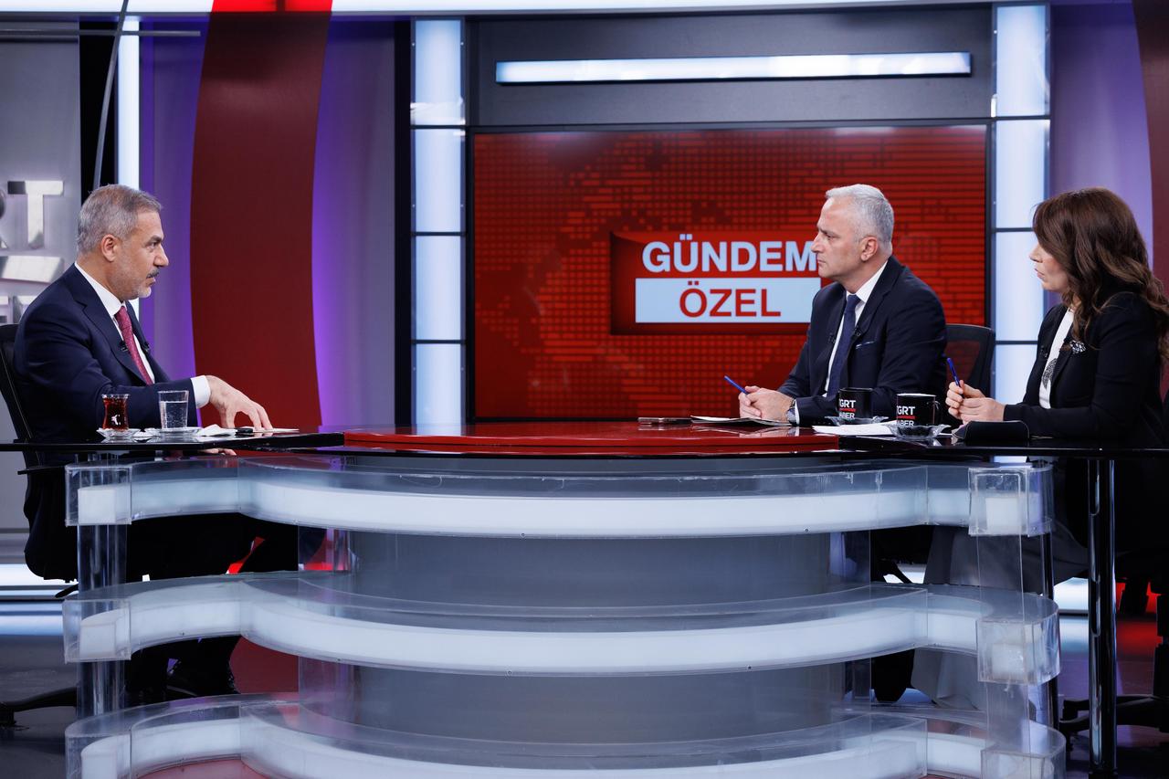 Foreign Minister Hakan Fidan attends the live broadcast on TGRT Haber, Ankara, Türkiye on August 28, 2025. (AA Photo)