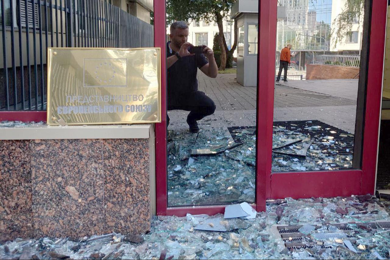 Damage in the EU offices in Kyiv after a Russian missile and drone attack on apartment blocks, August 28, 2025. (Photo by Handout/EU delegation in Ukraine/AFP)