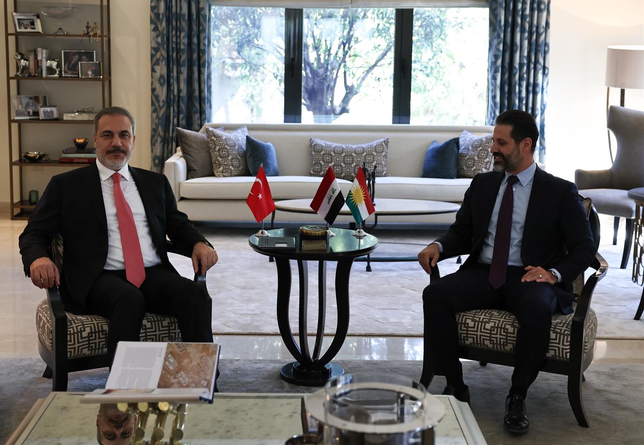 Foreign Minister Hakan Fidan (L) meets with Deputy Prime Minister of Iraq Kurdish Regional Government (IKRG) Qubad Talabani (R) in Erbil, Iraq, August 24, 2023. (AA Photo)