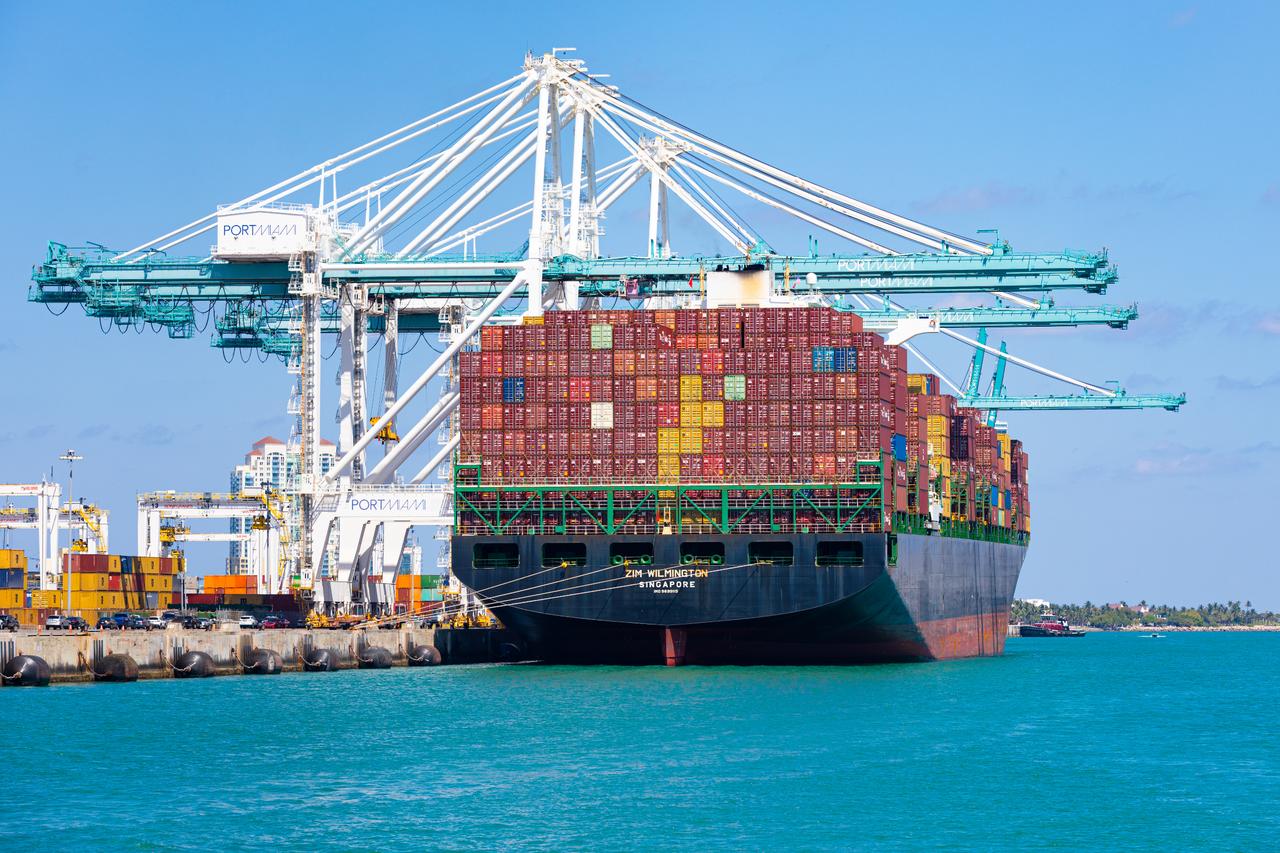 A cargo container ship docked at Port Miami, Florida, US, April 14, 2025. (Adobe Stock Photo)