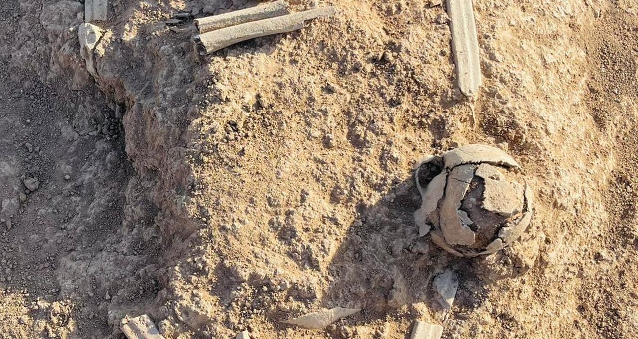 Human skeletal remains and a cracked skull discovered inside one of the graves at the re-emerged ancient cemetery in Khanke village, Aug. 29, 2025. (Photo via Shafaq News)