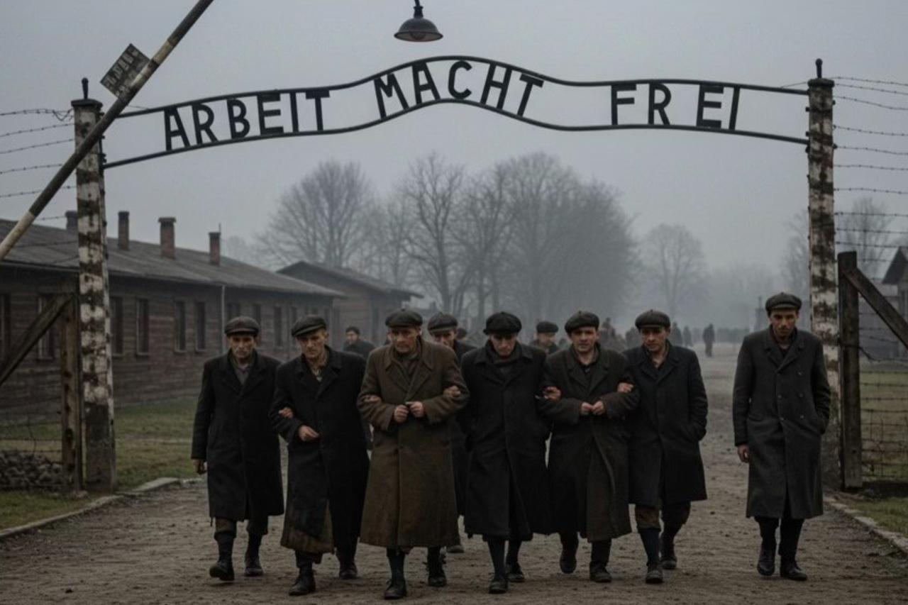 An AI-generated image depicts men walking beneath the Auschwitz gate, misused online to imitate historical liberation photos of camp survivors, May 22, 2025. (Photo via Facebook / @auschwitzmemorial)
