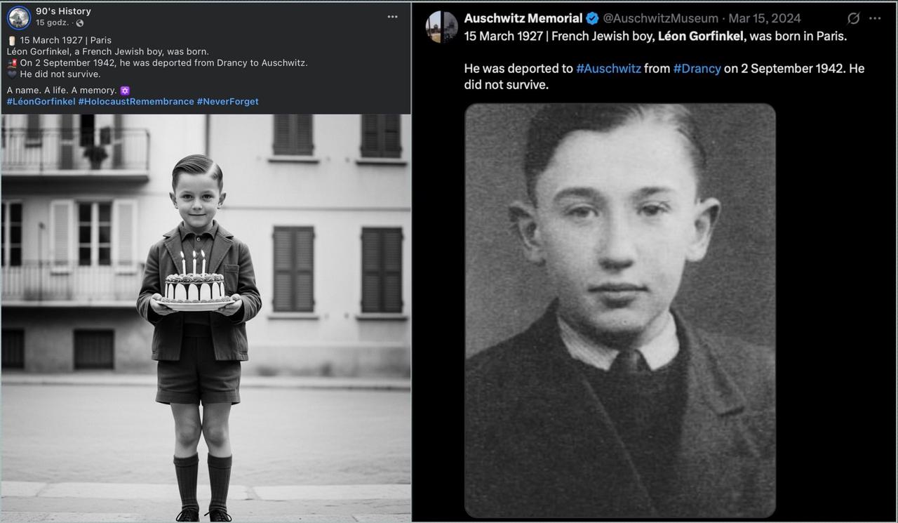 An AI-generated photo of a boy falsely claimed to show Holocaust victim Léon Gorfinkel, compared with his authentic image, May 22, 2025. (Photo via Facebook / @auschwitzmemorial)