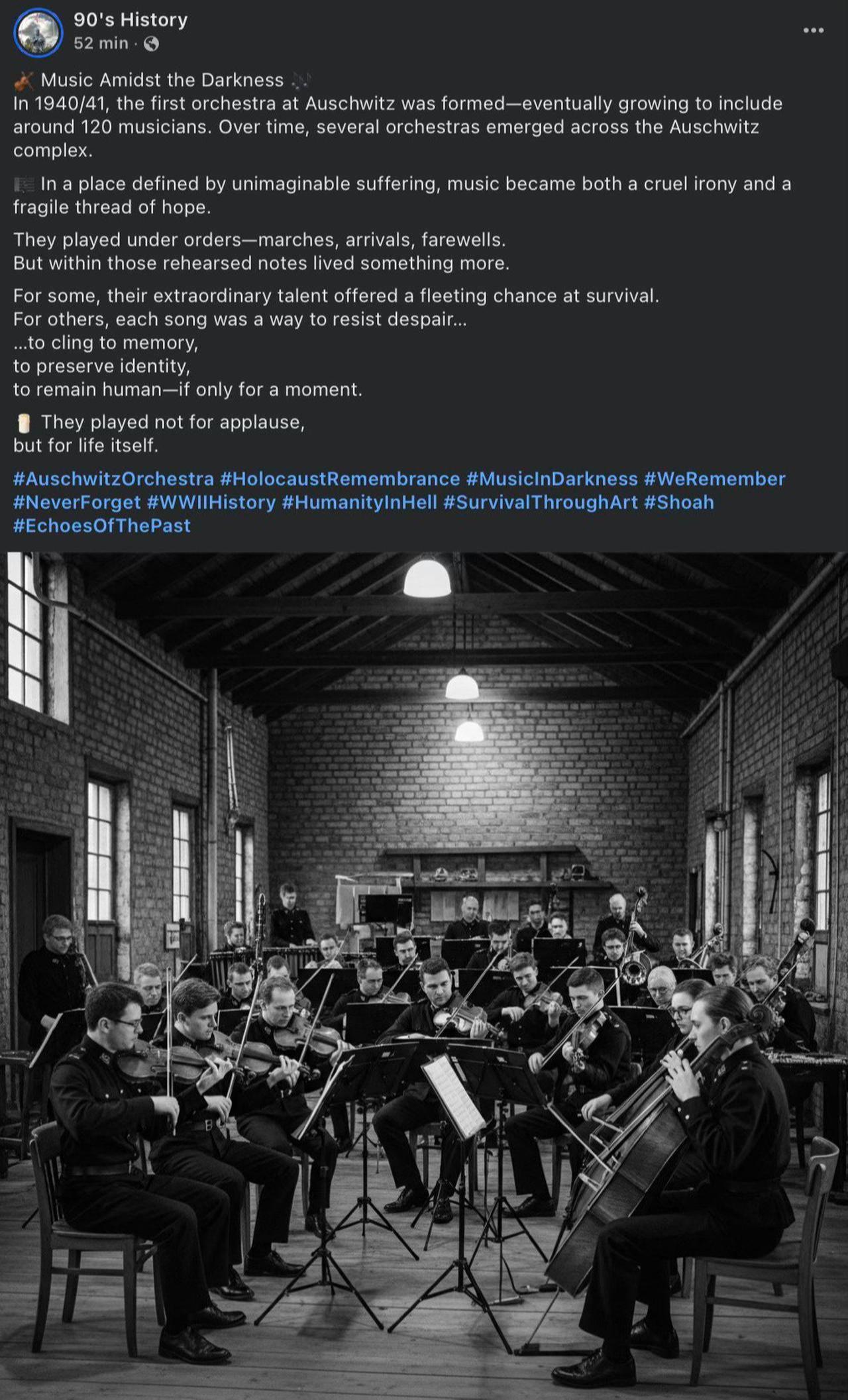 An AI-generated black-and-white image of musicians performing in uniform, falsely linked to accounts of orchestras that existed in Auschwitz, May 22, 2025. (Photo via Facebook / @auschwitzmemorial)